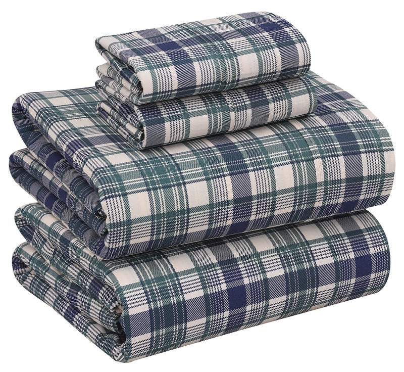RUVANTI 100% Cotton King Size Sheets Set  4 Pieces  Soft & Breathable Percale Weave Bedding  Deep Pocket 16""  Hotel Standard  Crisp Cool Feel  Durable  Perfect Plaid Bed Sheet  Greenish Blue Plaid - Image 1